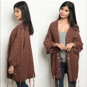 NWT Style Rack Chestnut Wool Blend Ribbon Accents Cardigan Sweater Women's L*